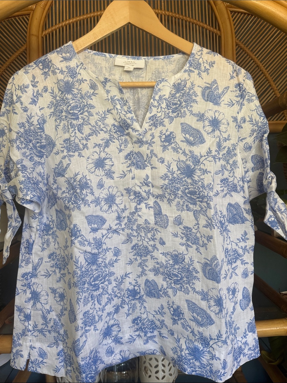 Charter Club Blue Floral Split-Neck blouse